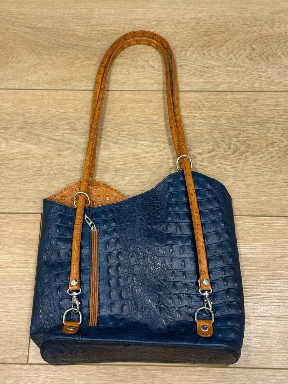 Italian Genuine Leather Croc Embossed Tote Bag Blue Cognac Shoulder Purse - Picture 5 of 12